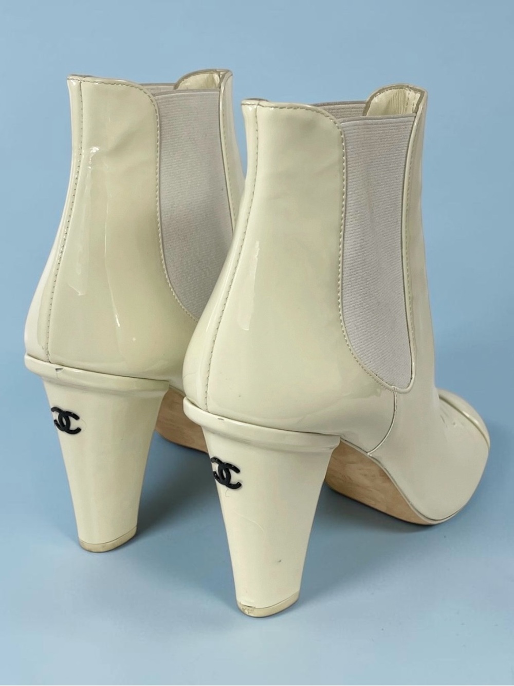 CHANEL Ivory Patent CC Ankle Boots Women's 38 8